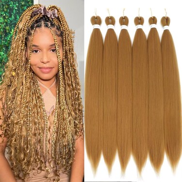 6 Packs Blonde Braiding Hair Pre Stretched #27 Color Honey Blonde Pre Stretched Braiding Hair 36inch Long Synthetic Hair Extensions For Braids Hot Water Setting Soft Yaki Texture(#27,6Pack)