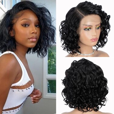Rebecca Fashion Water Wave Bob Lace Front Wigs Human Hair 13x5.5x0.5 Large C Part Side Lace Front Wigs for Women 100% Brazilian Virgin Human Hair (12inch, Natural Color)