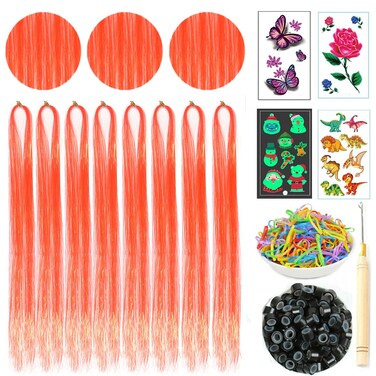 Hair Tinsel Kit with Tools 8 Pcs 1760 Strands Orange Heat Resistant Tinsel Hair Extensions for Women Kids Girls Sparkling Shiny Glitter Fairy Hair for New Year Christmas Halloween Cosplay Party