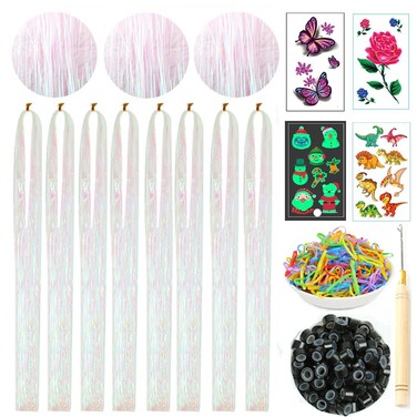 Hair Tinsel Kit with Tools 8 Pcs 1760 Strands White Heat Resistant Tinsel Hair Extensions for Women Kids Girls Sparkling Shiny Glitter Fairy Hair for New Year Christmas Halloween Cosplay Party