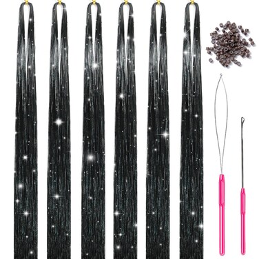 Hair Tinsel Kit With Tools 47Inch 1200 Strands Glitter Tinsel Hair Extensions Sparkling Shiny Fairy Hair Tinsel Strands Kit Heat Resistant for Women Girls 6Pcs (Black)