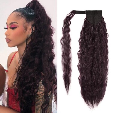 YEAME Corn Wave Ponytail Extension Clip in - 22 Inch Long Wavy Curly Wrap Around Pony Tail Heat Resistant Synthetic Hairpiece for Women (Wine Red #99J)