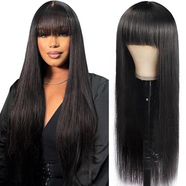 250 Density 2x4 HD Lace Front Wigs Human Hair Wigs with Bangs Ready to Wear and Go Glueless Lace Closure Straight Wigs for Beginners Women 100% Brazilian Human Hair 28 Inch