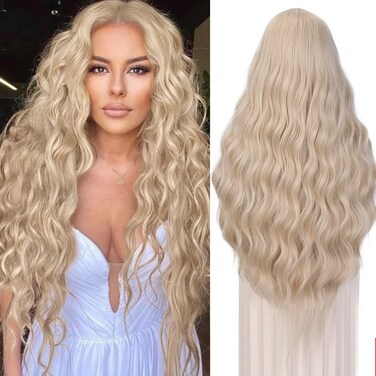 Quantum Love 28 Inches Curly Platinum Blonde Wig Long Wavy lace front Blonde Wig for Women Synthetic Middle Part Cosplay Wigs for Halloween Daily Party Use