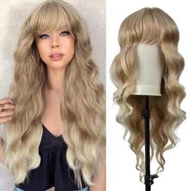 Blonde Wig With Bangs 26 Inch Long Curly Wavy Wig for Women Ombre Blonde Wigs with Bangs Natural Looking Heat Resistant Synthetic Wig for Daily Party Cosplay Use