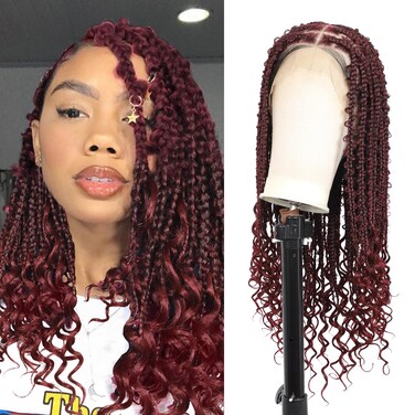 24" 360&deg; HD Full Lace Braided Wigs for Women Knotless Butterfly Box Braided Wigs with Boho Curly Ends Braided Lace Front Wigs with Baby Hair Human Hair Blended Short Braided Wig Burgundy