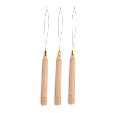 BlingKingdom 3pcs Hair Extension Loop Needle Threader Pulling Hook Tool and Bead Device Tool for Hair or Feather Extensions - Wooden and Stainless Steel
