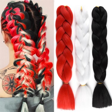 Colored Jumbo Braiding Hair Extension for Women, 24&ldquo; Red White Black Halloween Braiding Hair Synthetic Fiber for Twist Braiding Hair, High Temperature Fiber Bubble Braids Hair Extensions 3 Bundles