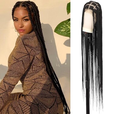 Youthfee 46" 360&deg; HD Full Lace Box Braided Wigs for Women Knotless Braided Wig Braid Lace Front wigs with Baby Hair Human Hair Blended Black Braid Wigs Braided Hair Wig