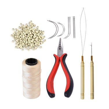 Hair Extensions Tool Kit: 200 Pcs Silicone Lined Micro Links Beads, 1 Three Hole Hair Pliers, 1 Roll Sewing Thread, 1 Loop Needle Threader, 1 Pulling Hook Needle, 8 Sewing Needles (Blonde)