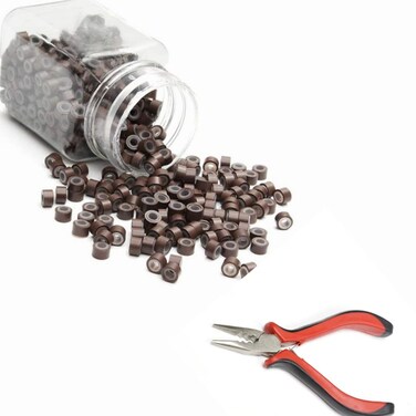Hair Extensions Plier With 1000Pcs Silicone Micro Lined Beads for Feather Hair Extensions Hair Tinsel (5.0mm X 3.0mm X 3.0mm, Brown)
