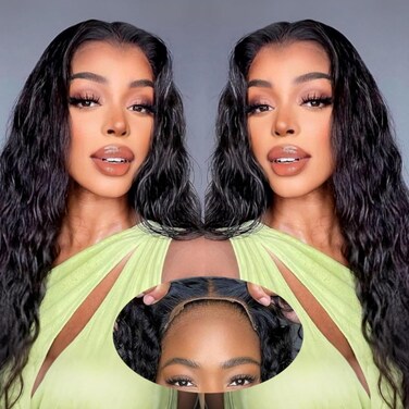 Deep Wave Lace Front Human Hair Wigs for Black Women 5x5 Glueless Deep Wave Wig Human Hair Pre Cut Wear and Go Glueless Wigs Human Hair Pre Plucked 180% Density (natural color, 22 inch)