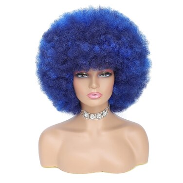 70s Afro Kinky Curly Wig For Women - Soft, Bouncy, Natural Looking Synthetic Hair - Blue Color, With Bangs