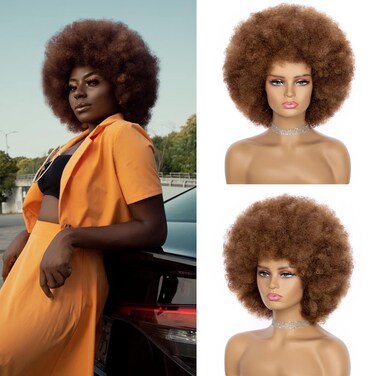 Afro Wig For Women - Mix Brown 70s Afro Wigs Natural Looking Huge Afro Kinky Curly Wigs With Bangs Short Bouncy Afro Curly Wig Soft Afro Puff Wig Synthetic Hair Afro Wig For Daily Party Use