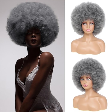 Afro Wig - Soft 70s Afro Wig For Women Grey Afro Kinky Curly Hair Wigs With Bangs Natural Looking Gary Big Afro Curly Wig For Men Bouncy Afro Puff Wig Afro Wig For Daily Party Cosplay Use