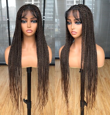 Annivia 36Inch Full Double Lace Knotless Box Braids Wigs for Black Women Pre Plucked with Baby Hair Handmade Synthetic Triangle Part Cornrow Braided Lace Wigs Ombre Blonde