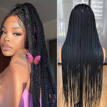Annivia 36" Full Double Lace Front Box Braided Wigs for Black Women Knotless Braids Lace Frontal Wig Synthetic Hand Braided Wigs Pre Plucked with Baby Hair Square Part Cornrow Box Braid Hair （Black）
