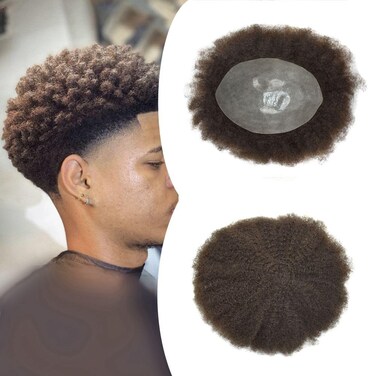 Hair Unit for Black Men Afro Toupee Curly Hair Replacement System Hair Piece African American Man Hairpiece (1B# Natural Black, 2MM Afro Wavy)