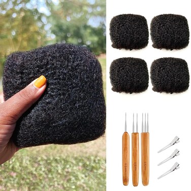 Tight Afro Kinky Bulk Human Hair for Dreadlock Extensions, 100% Human Hair,120Gram 16 Inch 4 Bundles/Pack Natural Black #1B,Repair Extensions,Making Locs or Braids, with Needles and Hairpin