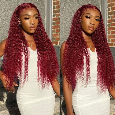 Burgundy Lace Front Wigs Human Hair 99j Deep Wave Curly 13x4 Hd Lace Frontal Wigs for Black Women Human Hair Pre Plucked Wet and Wavy Red Colored 16 Inch