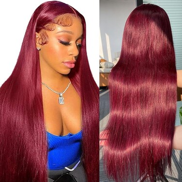 MENTOR 99J Burgundy Lace Front Wigs Human Hair 28 inch, 13x4 HD Transparent Lace Frontal Wig Silky Straight Pre Plucked with Baby Hair, 200% Density Wine Red Colored Wig for Women