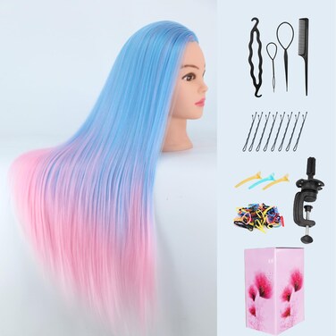 Mannequin Head with Hair, 29" Doll Head for Hair Styling Cosmetology Mannequin Head Hair Styling Hairdressing Practice Training Doll Heads with Clamp Holder (Light Blue&amp;Pink)