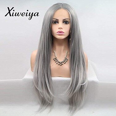 Xiweiya Ombre Platinum Blonde Tips Hair Light Grey Wig Long Silky Straight Synthetic Lace Front Wig Middle Part Heat Resistant Fiber Hair Replacement Wig Women 24inch