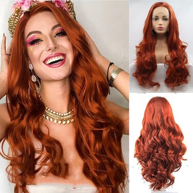 xiweiya Mermaid Copper Red Lace Wig with Synthetic Lace Front 360# Auburn Wigs Cheap T Part Lace Long Wavy Wigs Heat Resistant Fiber Replacement Wig for Women Drag Queen Cosplay 24 inch