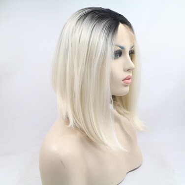 xiweiya White Mixed Blonde Bob Wig with Brown Root Synthetic Lace Front Wigs Middle Part Wig Soft Wig Hair Replacement Wig for Women, Drag Queen Makeup 14 inch