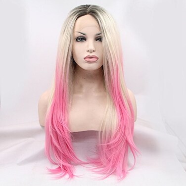 xiweiya Ombre Pink Wigs with Dark Roots 13x3 Pink Wigs Mixed Color Straight Platinum Blonde to Pink Synthetic Lace Front Wigs Heat Resistant Fiber Wigs Rosie Pink White Wig for Drag Queen Wig 24inch