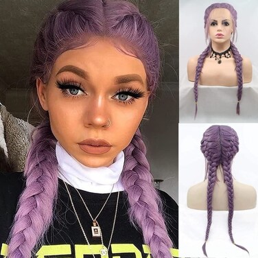 Xiweiya 2 Braids Wig Purple Braided Wig Synthetic Lace Front Wig with Baby Hair Heat Resistant Fiber Middle Part for Women Cosplay Makeup 24 Inches
