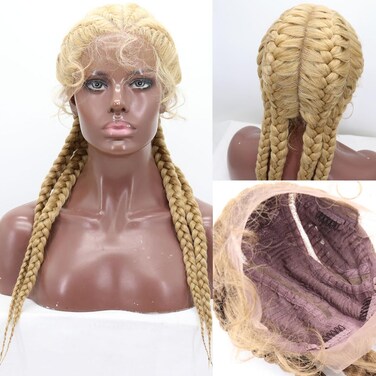 xiweiya Long 26inch 4x Twist Golden Blonde Braid Wig 360 Swiss Lace Front Box Braiding, 100% Hand-made Copper Braideing with Baby Hair Lace Front Wig Blonde Braids Wigs for Women Drag Queen Makeup