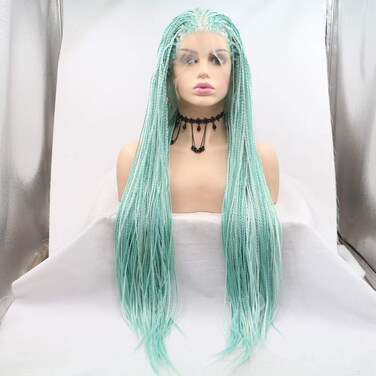 Xiweiya Long Blue Green to White Micro Braided Wig Synthetic Lace Front Braid Wigs Free Part Wig Long Soft Wig Hair Replacement Wig for Women, Drag Queen Makeup 24 inch