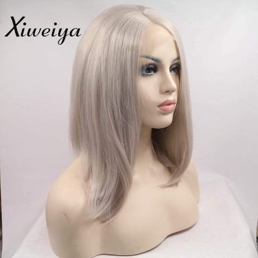 Xiweiya short bob hair Silver Platinum Blonde Lace Front Lace Wigs Synthetic Ash Blonde Straight Heat Resistant Fiber Wigs Middle Parting Short Grey Wig 14 inch