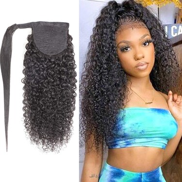 Clip in Ponytail Extension Kinky Curly Human Hair Wrap Around Curly Wavy Ponytails with Magic Paste 10A Real Virgin Brazilian Human Hair Ponytail Hairpiece Fashion Full Hair 16 Inch