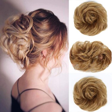 Vinzar Hair Bun Hairpieces Extensions Curly Wavy Synthetic Hair Fibers Elastic Scrunchie Updo Hair Wig Scrunchies for Women and Girls (Light Golden Brown)