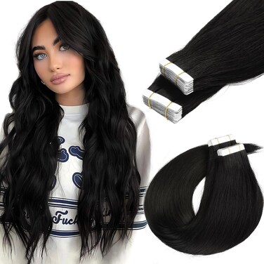 Loxxy Invisible Tape in Hair Extensions Human Hair Natural Black #1B Remy Tape in Human Hair Extensions for Women Double Sided Seamless Thick End Silky Straight 20pcs 50 Gram 14 Inch