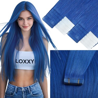 Loxxy Blue Human Tape in Hair Extensions 14inch Hair Extensions Real Human Hair 25g Skin Weft Natural Hair for Women Tape in Human Hair Extensions Straight Hair for Women 10 Pieces