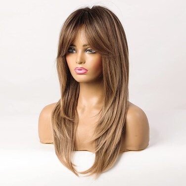 MAGQOO Ombre Brown Wigs Women Long Layered Brown Wig Ombre Brown Layered Wig with Bangs Synthetic Heat Resistant