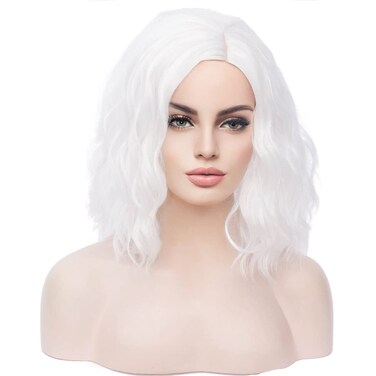 MAGQOO White Wig for Women - Synthetic, Heat Resistant, 14 Inch, Wavy/Curly, Side Part, Bob Style