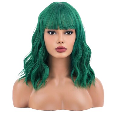 MAGQOO Green Wig Women Girls Emerald Green Bob Wig Short Curly Wavy Green Wig with Bangs St Patrick Halloween Party Wigs Synthetic Heat Resistant