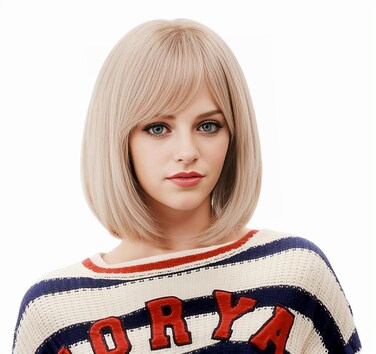 14 Inches Strawberry Blonde Wigs for Women Short Straight Bob Wig with Bangs Synthetic Hair for Daily Use,Cosplay, Halloween