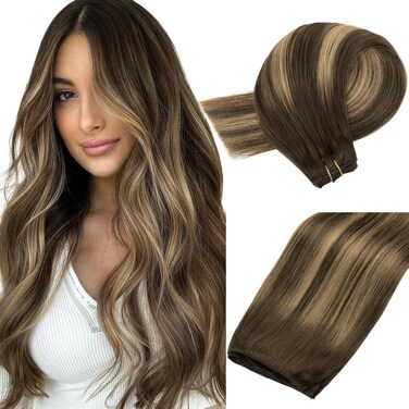 MAXITA Weft Hair Extensions Human Hair Chocolate Brown Mixed Caramel Blonde Balayage 20 Inch Hair Extensions Weft Invisible Double Weft Sew in Hair Extensions 100g Per Bundle