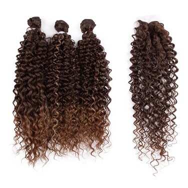 D&Eacute;BUT Curly Hair 3 Bundles with Easy Closure Synthetic High Temperature Fiber Long Deep Curly Heat Resistant Hair Weave 4pcs/Pack 16 Inches Total 300g 3 Tones Ombre Highlight Brown Color