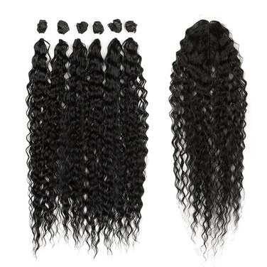 D&Eacute;BUT 30 Inch Synthetic Hair Bundles Water Wave 6 Bundles with Closure High Temperature Weaving Hair Extensions 290g for Full Head Heat Resistant Deep Curly Hair 7PCS 1B Black