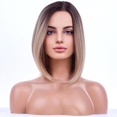 BERON 15'' Short Straight Dark Roots Ombre Blonde Bob Wigs Side Part Wig with No Bangs Wig Cap Included (Brown Ombre Blonde)