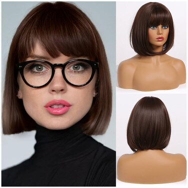 BERON Dark Brown Short Wigs Straight Bob Hair Wig for Women Wigs with Bangs Synthetic Daily Use Wigs Wig Cap Include
