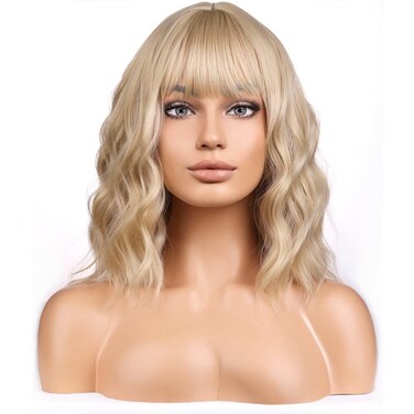 BERON Blonde Wigs for Womens Short Curly Wavy Wig with Bangs Girls Dark Blond Wigs Heat Resistant Synthetic Hair Party Daily Use Wigs