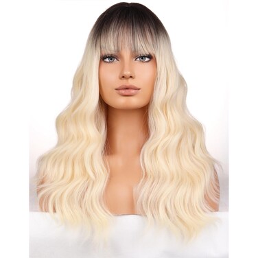 BERON Blonde Womens Wig Long Curly Hair Wig with Bangs Girls Ombre Blonde Wavy Heat Resistant Synthetic Wigs for Cosplay or Daily Used