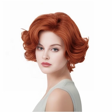 Rugelyss Auburn Short Wavy Wigs with Bangs Vintage Curly Copper Red Hair Wig Synthetic Wigs for Women for Cosplay or Halloween